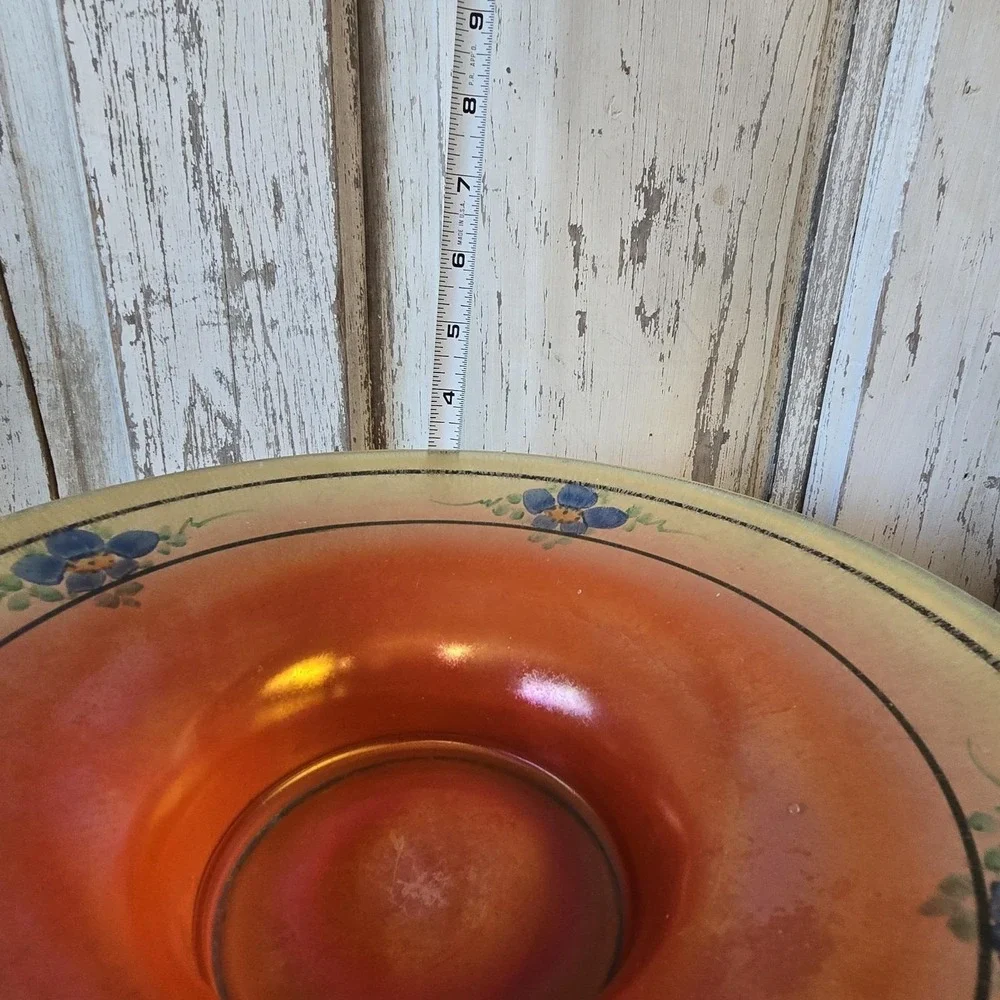 Lancaster Stretch Glass Ruby Lustre‎ Orange Blue Flowers Bowl Compote